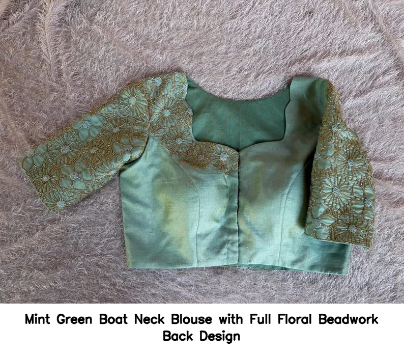 Mint Green Boat Neck Blouse with Full Floral Beadwork Back Design