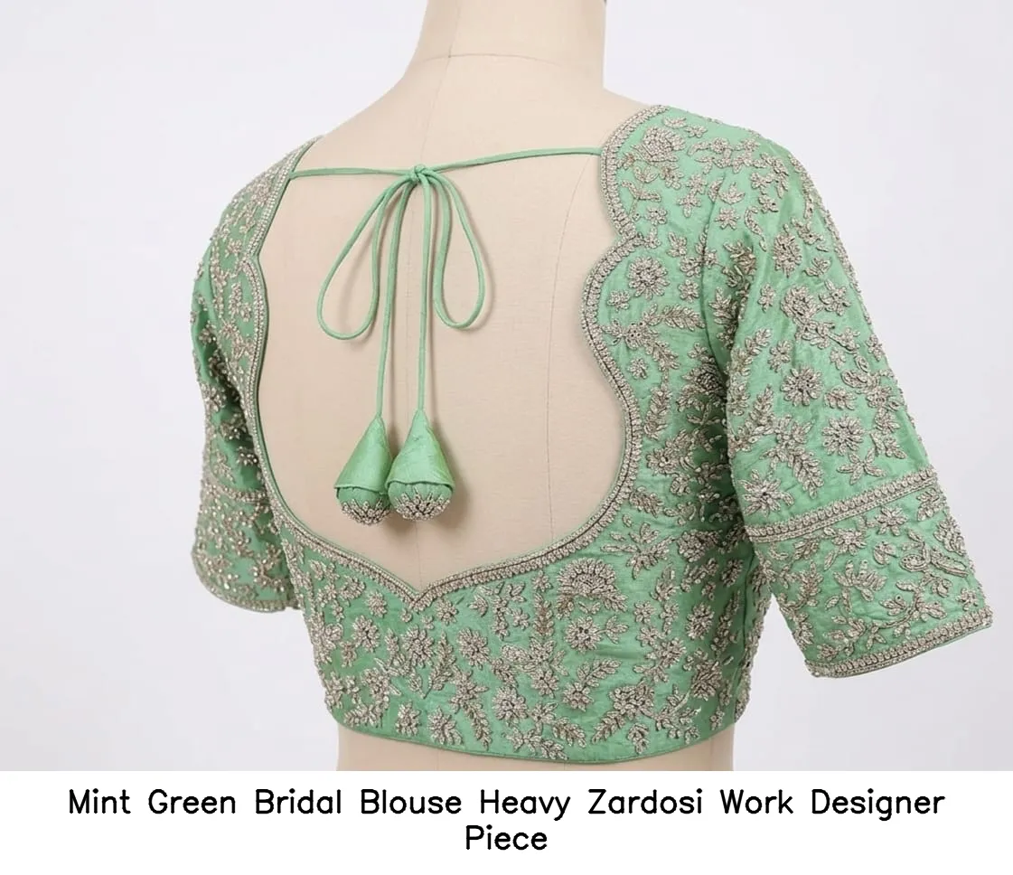 Mint Green Bridal Blouse Heavy Zardosi Work Designer Piece