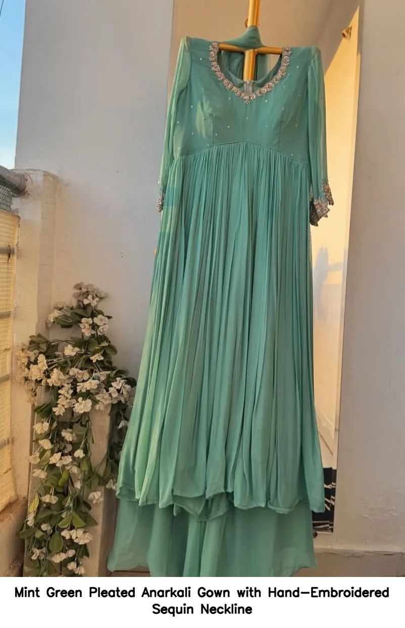mint green pleated anarkali gown with hand embroidered sequin neckline