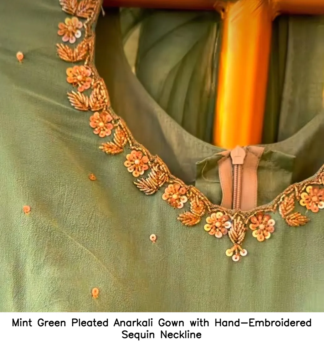 Mint Green Pleated Anarkali Gown with Hand-Embroidered Sequin Neckline 2