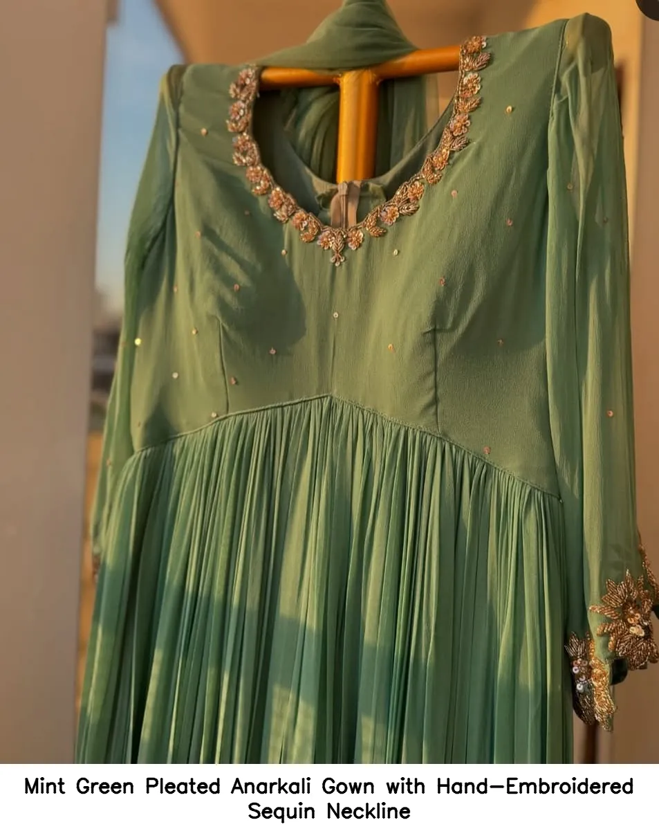 Mint Green Pleated Anarkali Gown with Hand-Embroidered Sequin Neckline 3