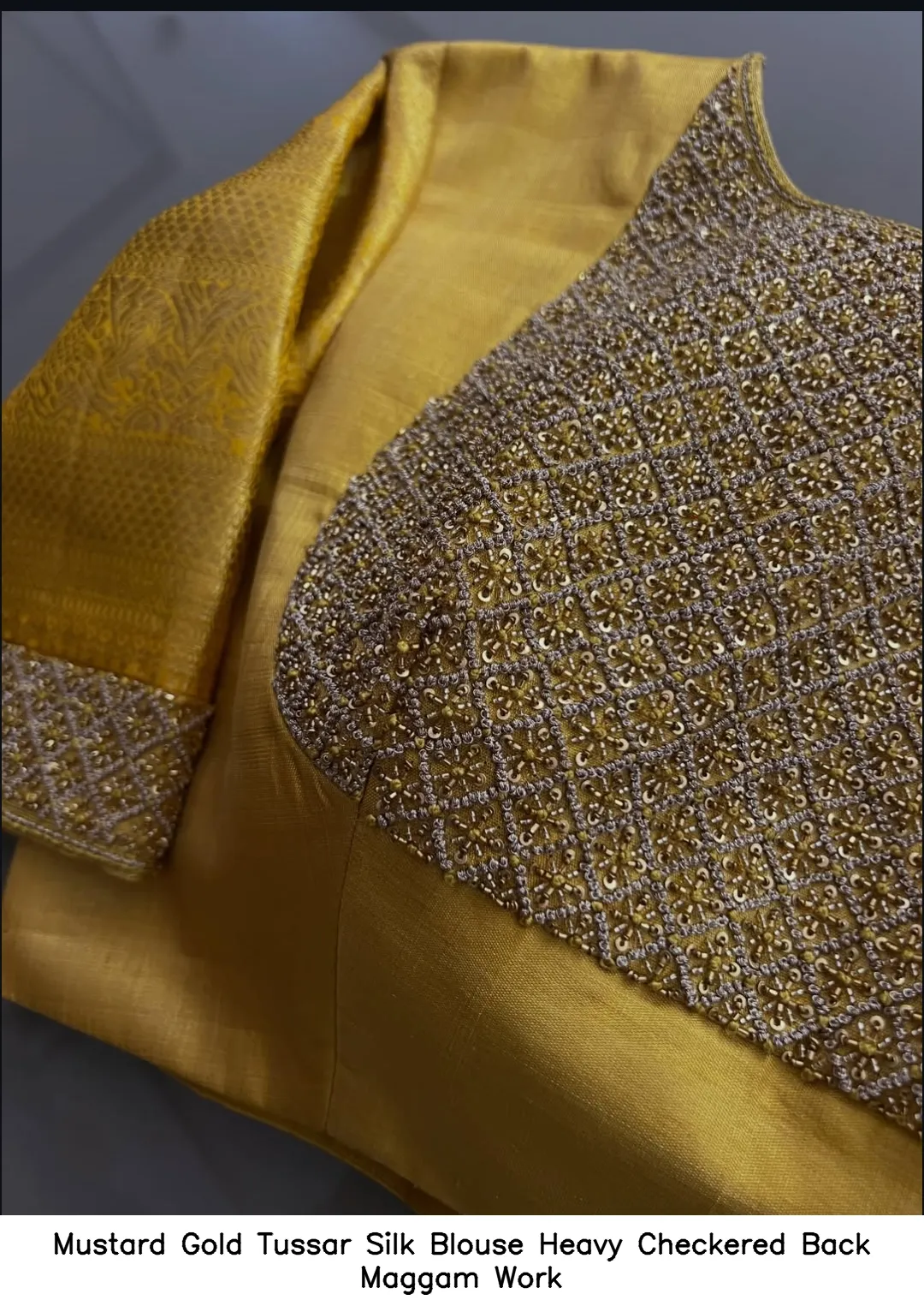 Mustard Gold Tussar Silk Blouse Heavy Checkered Back Maggam Work