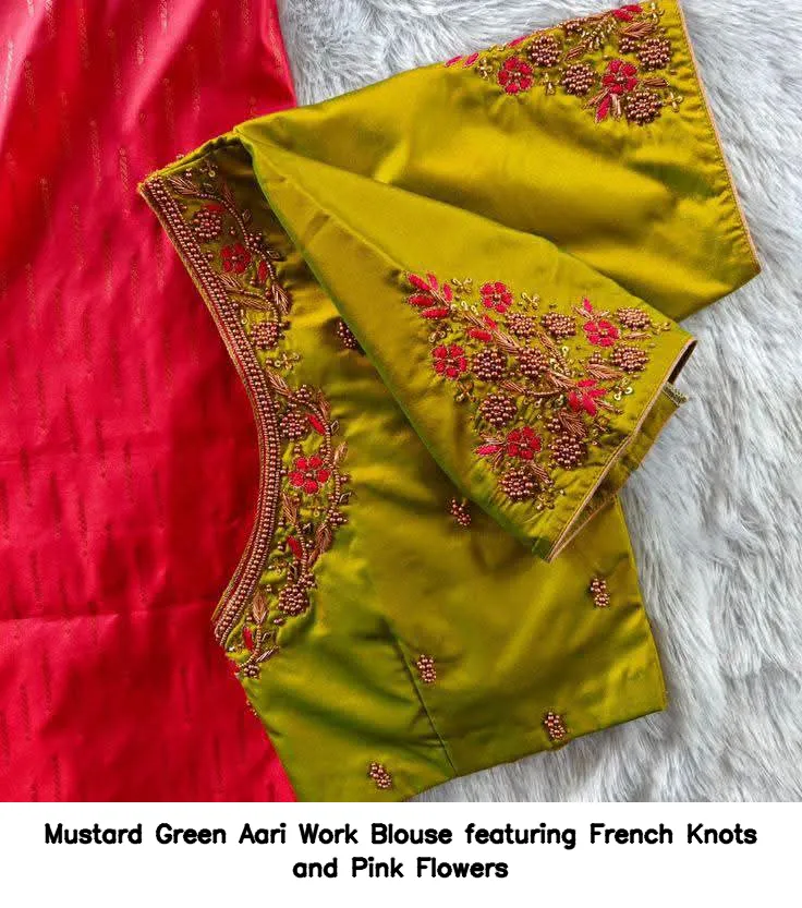 Mustard Green Aari Work Blouse featuring French Knots and Pink Flowers