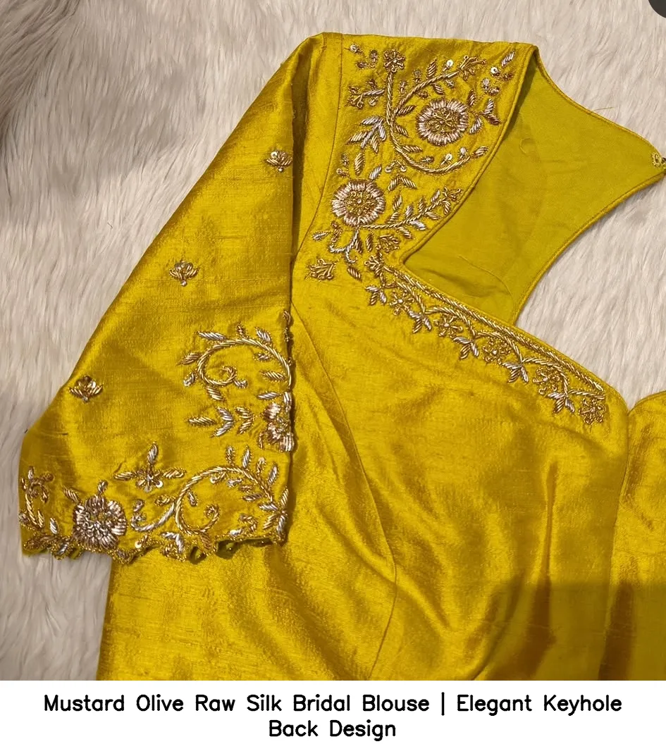 Mustard Olive Raw Silk Bridal Blouse | Elegant Keyhole Back Design