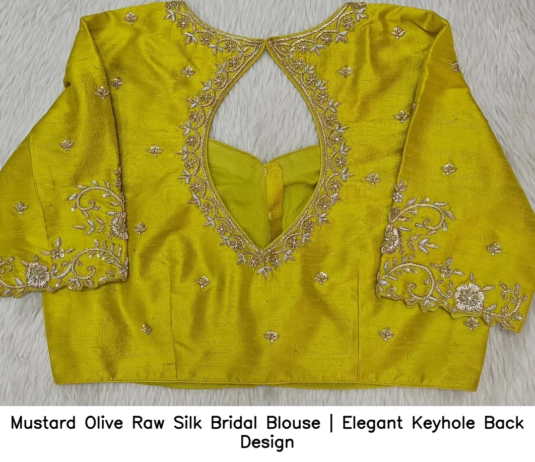 Mustard Olive Raw Silk Bridal Blouse | Elegant Keyhole Back Design