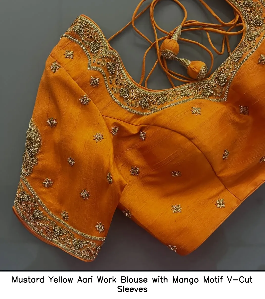 Mustard Yellow Aari Work Blouse with Mango Motif V-Cut Sleeves