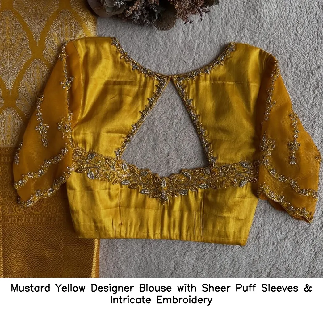 Mustard Yellow Designer Blouse with Sheer Puff Sleeves & Intricate Embroidery
