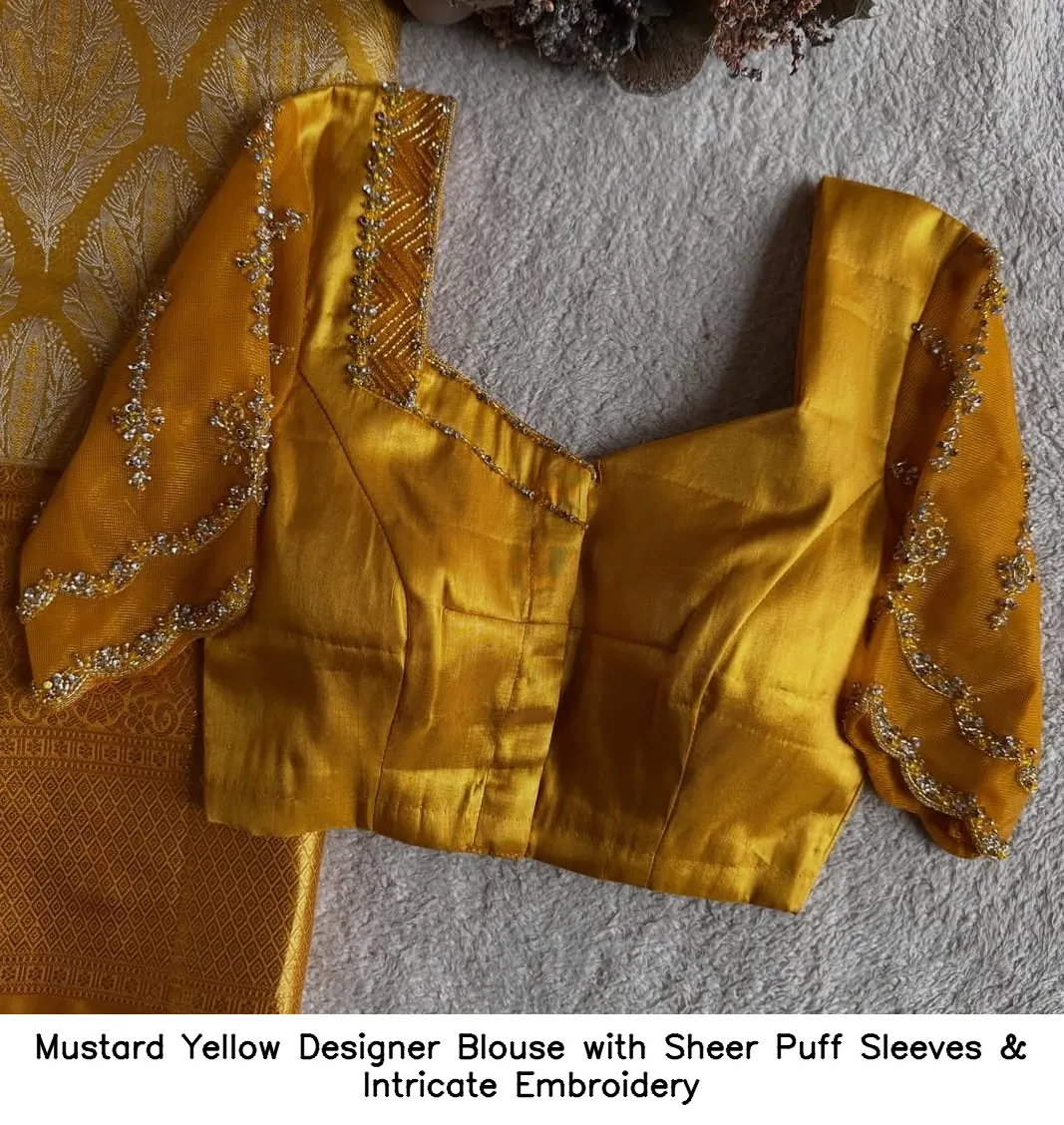 Mustard Yellow Designer Blouse with Sheer Puff Sleeves & Intricate Embroidery 2