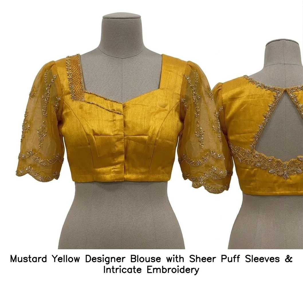 Mustard Yellow Designer Blouse with Sheer Puff Sleeves & Intricate Embroidery 3