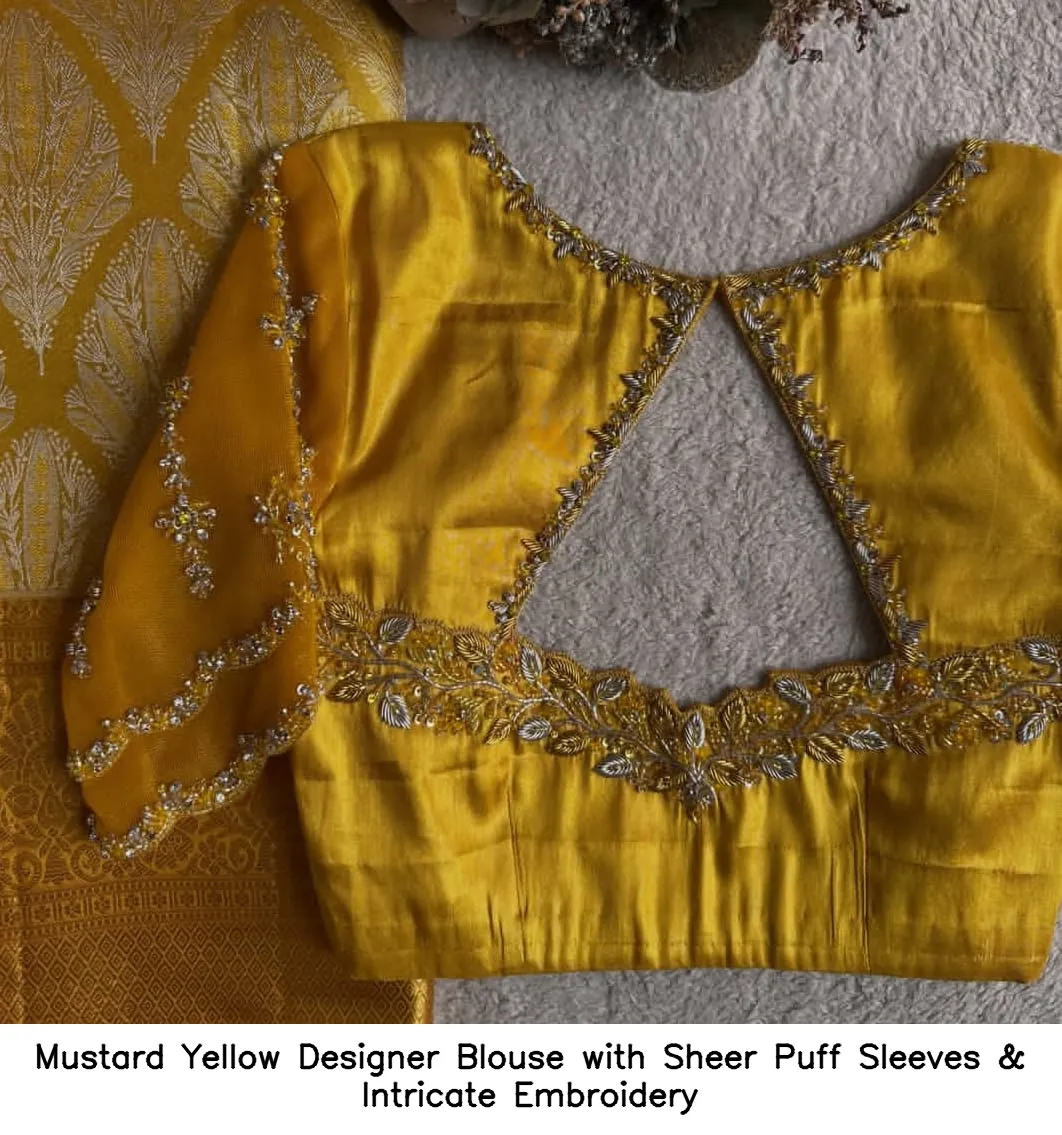 Mustard Yellow Designer Blouse with Sheer Puff Sleeves & Intricate Embroidery 4