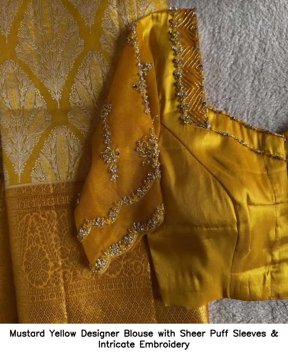 Mustard Yellow Designer Blouse with Sheer Puff Sleeves & Intricate Embroidery 5