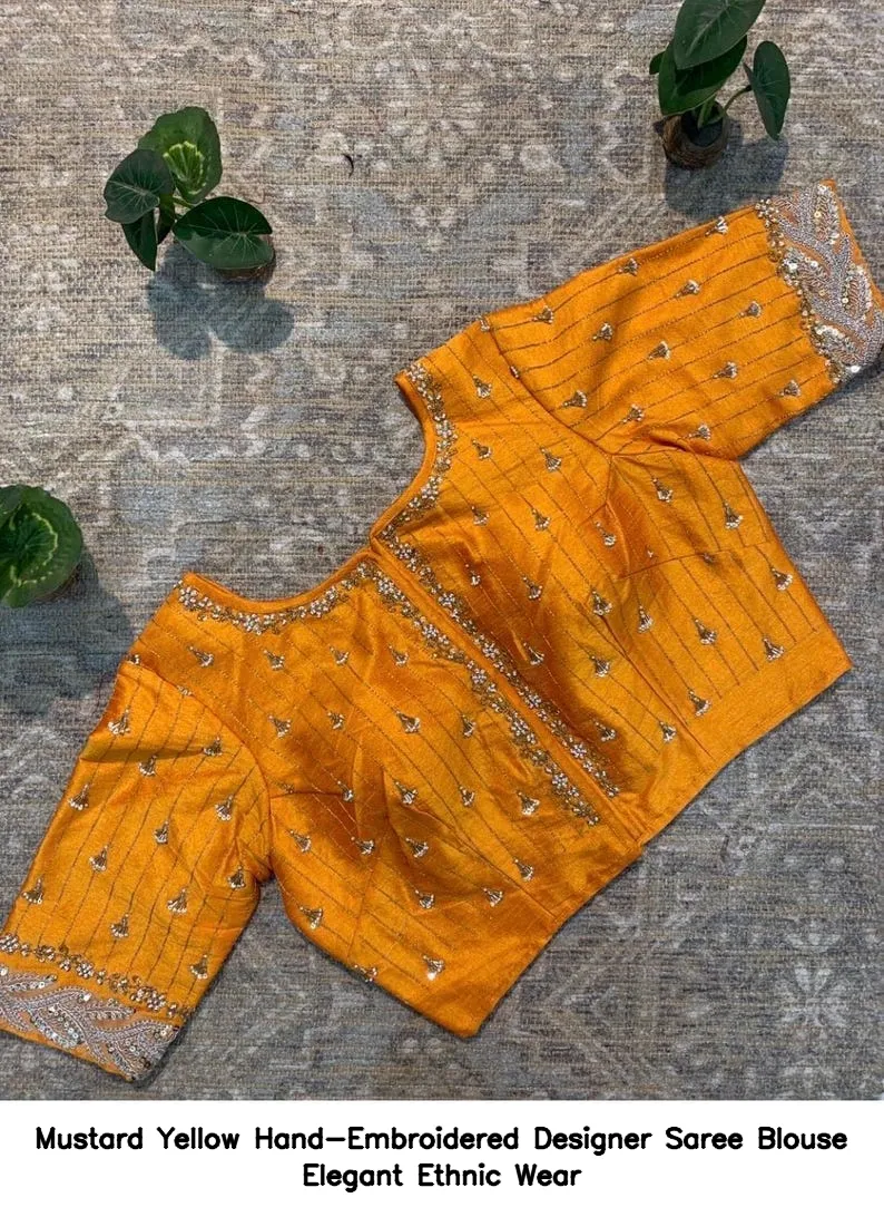 Mustard Yellow Hand-Embroidered Designer Saree Blouse – Elegant Ethnic Wear