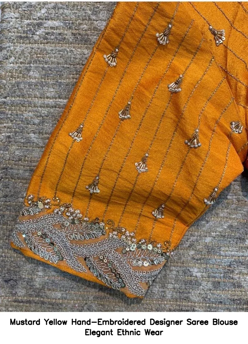 Mustard Yellow Hand-Embroidered Designer Saree Blouse – Elegant Ethnic Wear 2