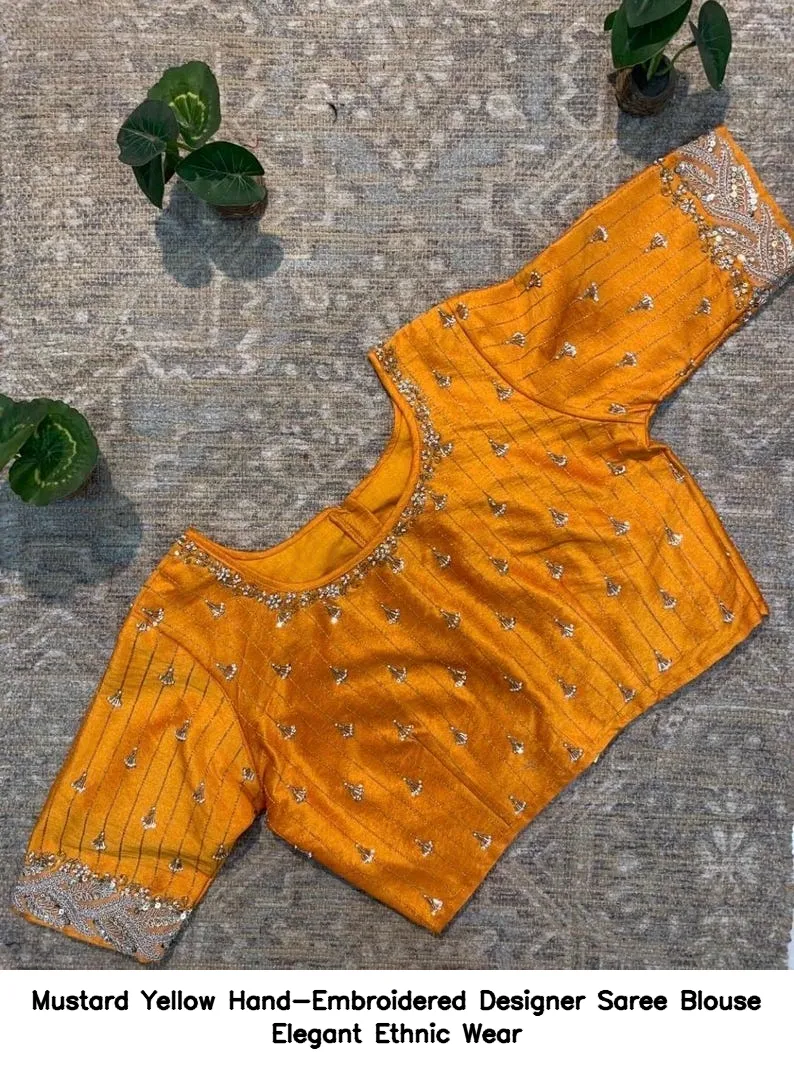 Mustard Yellow Hand-Embroidered Designer Saree Blouse – Elegant Ethnic Wear 6