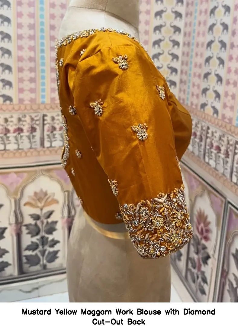 Mustard Yellow Maggam Work Blouse with Diamond Cut-Out Back