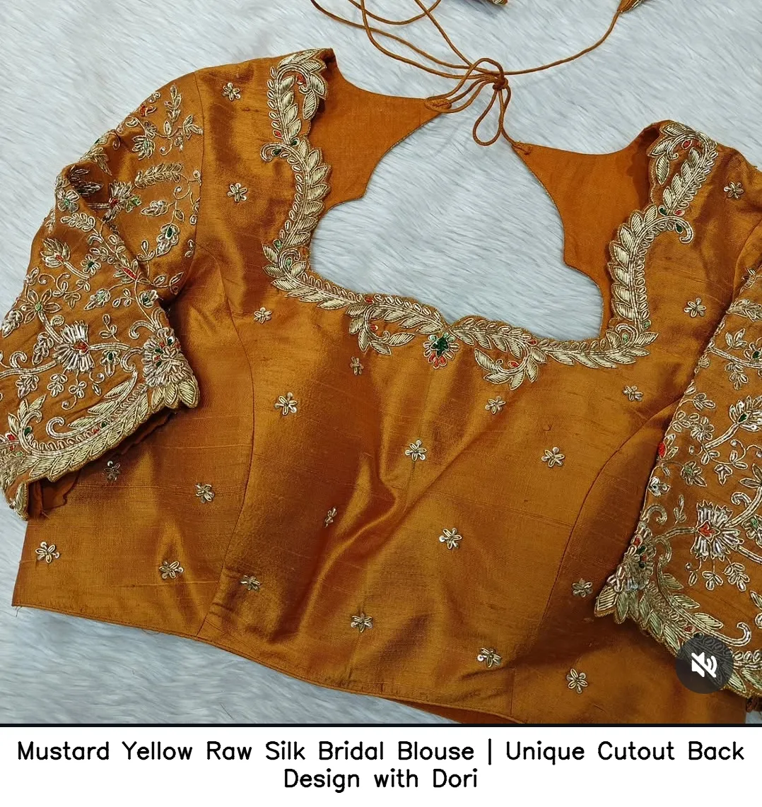 Mustard Yellow Raw Silk Bridal Blouse | Unique Cutout Back Design with Dori