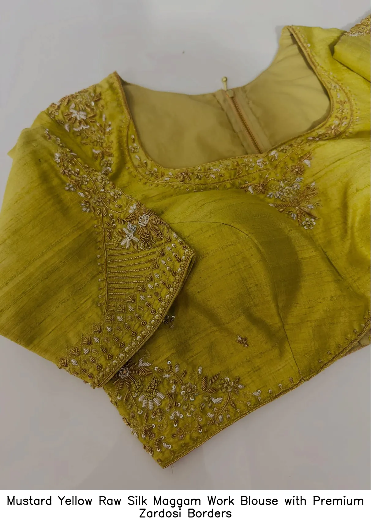 Mustard Yellow Raw Silk Maggam Work Blouse with Premium Zardosi Borders