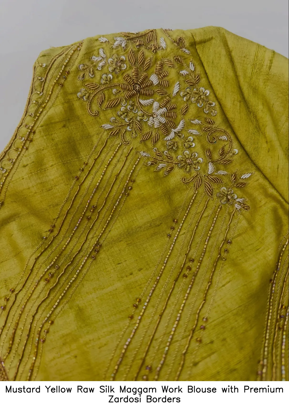 Mustard Yellow Raw Silk Maggam Work Blouse with Premium Zardosi Borders
