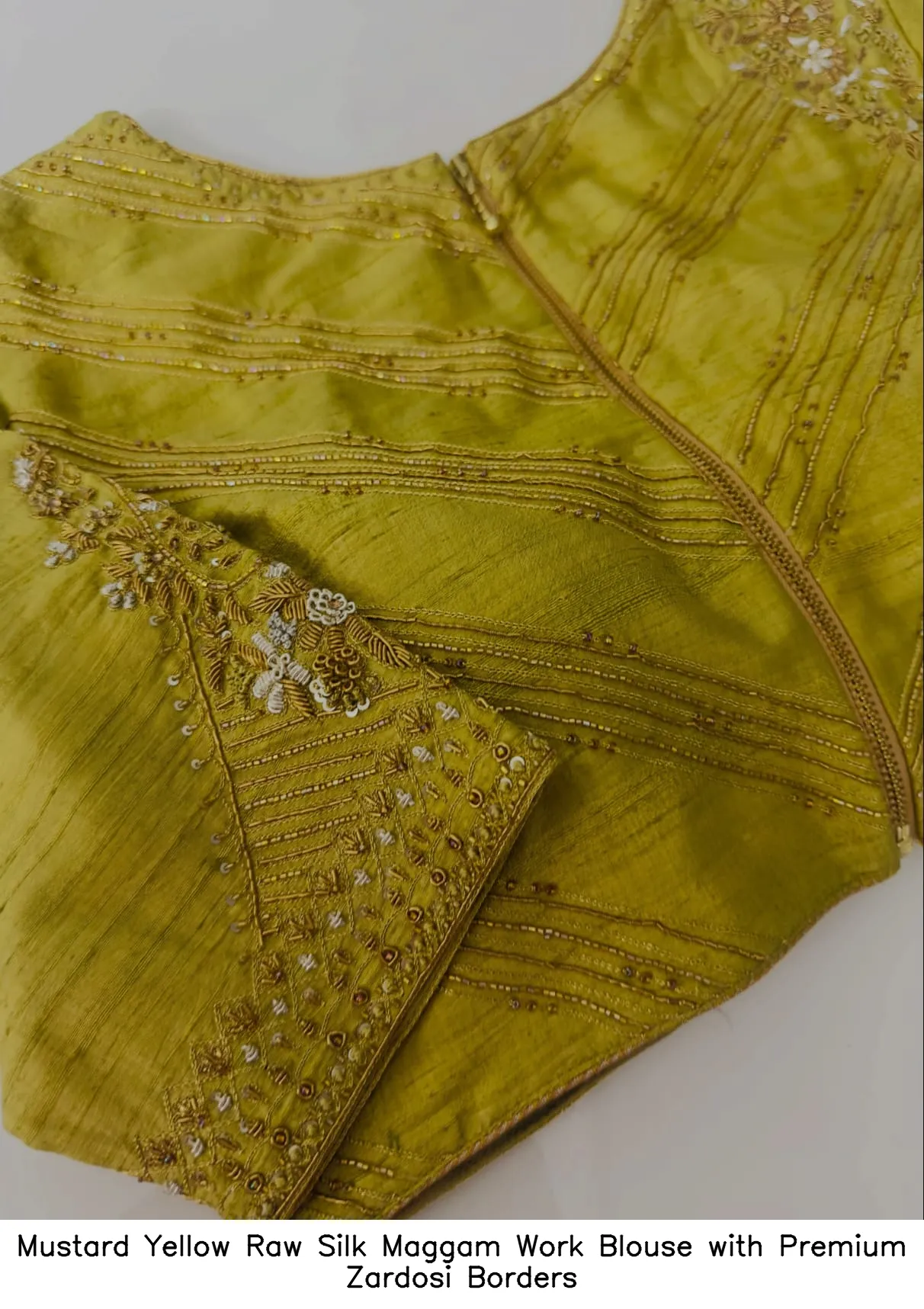 Mustard Yellow Raw Silk Maggam Work Blouse with Premium Zardosi Borders