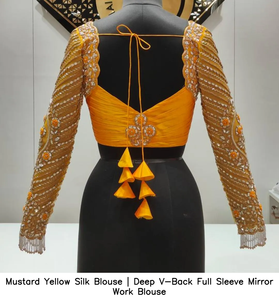 Mustard Yellow Silk Blouse | Deep V-Back Full Sleeve Mirror Work Blouse