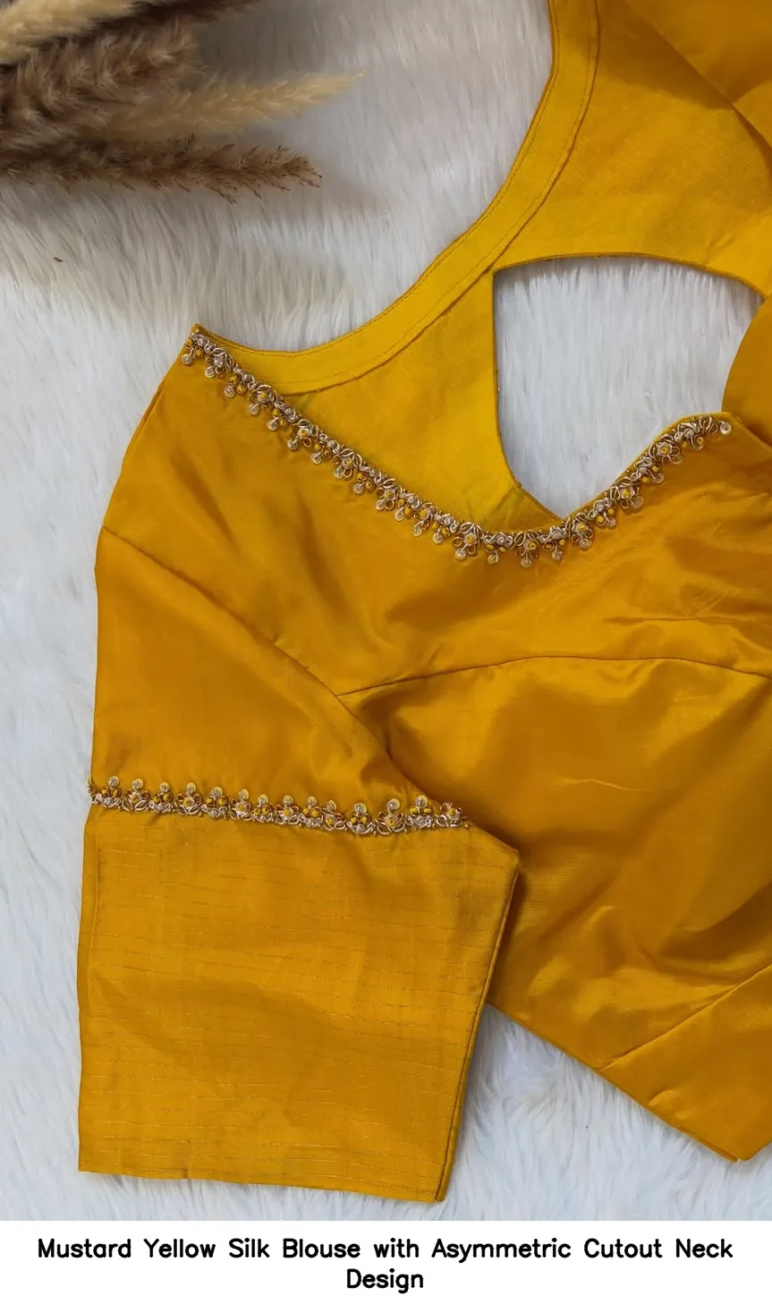 Mustard Yellow Silk Blouse with Asymmetric Cutout Neck Design