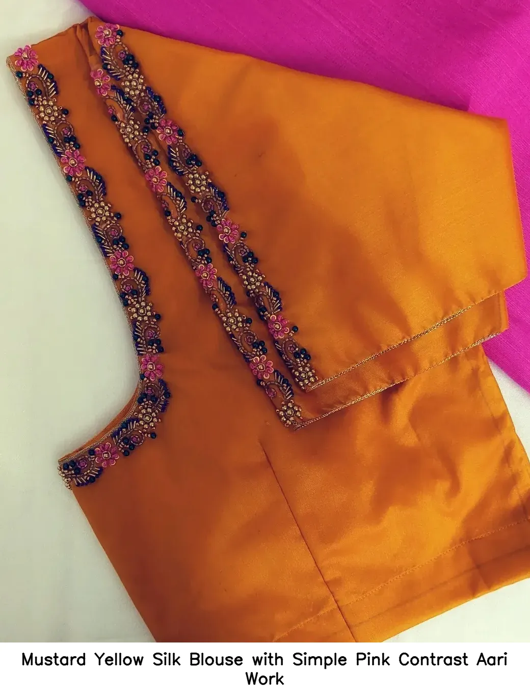 Mustard Yellow Silk Blouse with Simple Pink Contrast Aari Work