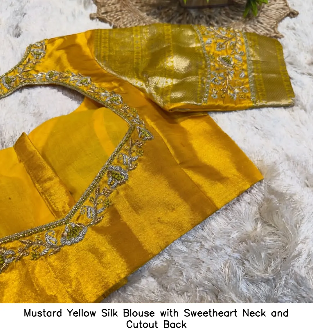 Mustard Yellow Silk Blouse with Sweetheart Neck and Cutout Back