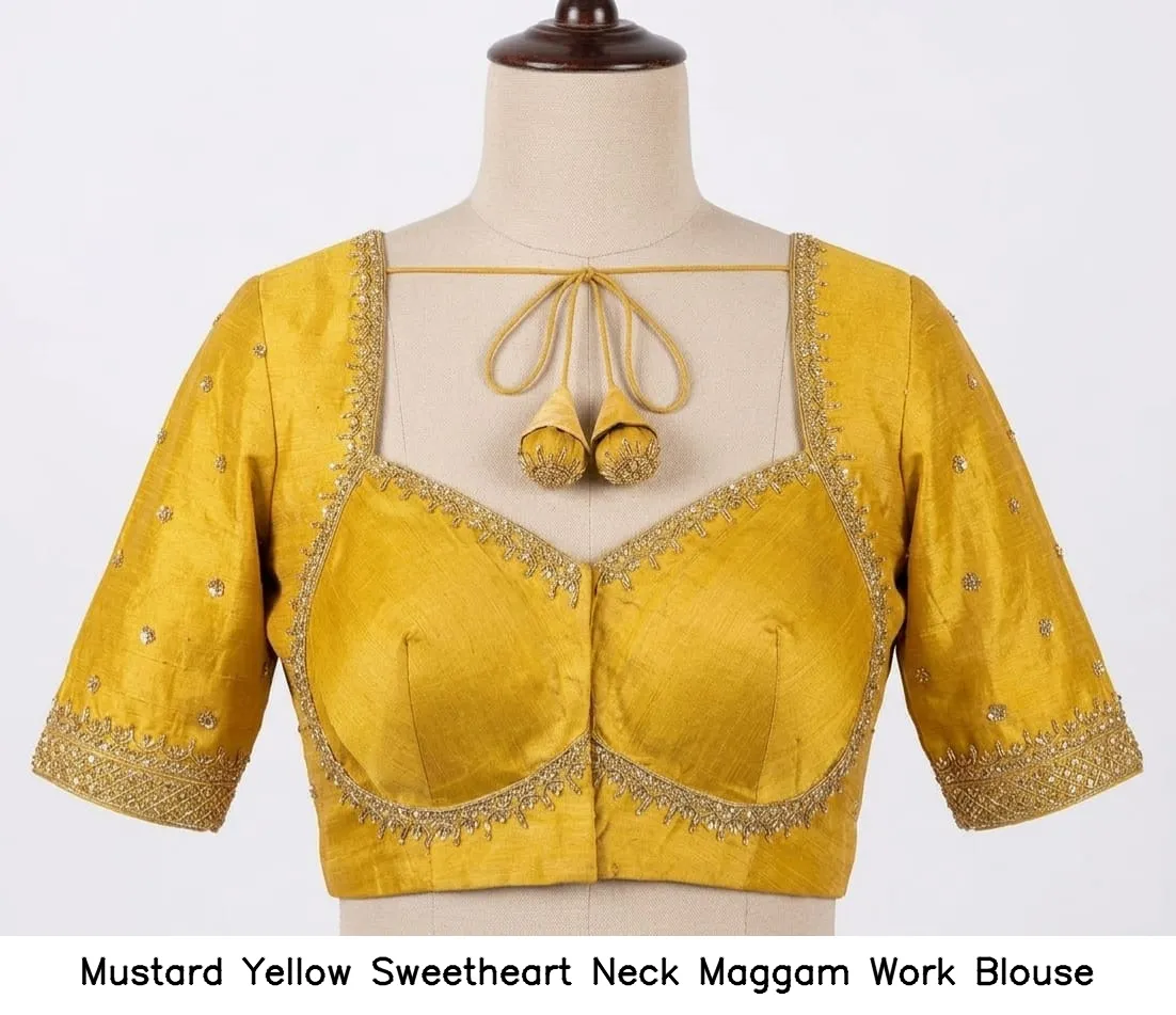 Mustard Yellow Sweetheart Neck Maggam Work Blouse