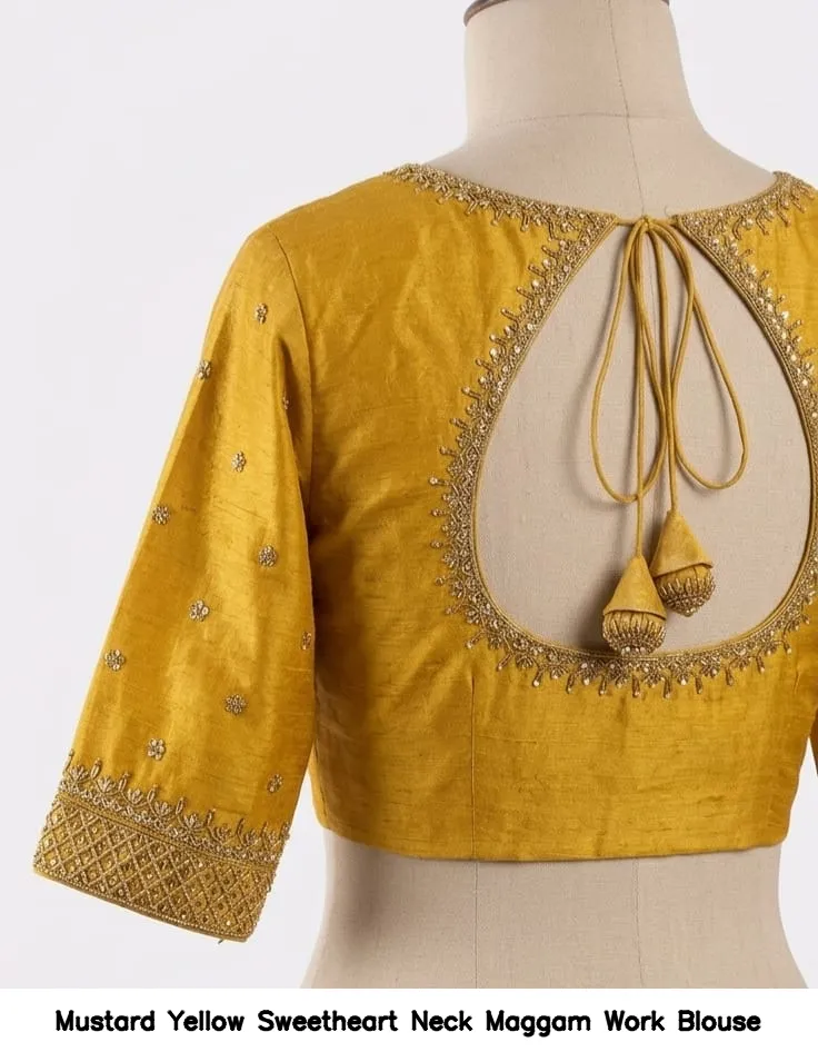 Mustard Yellow Sweetheart Neck Maggam Work Blouse