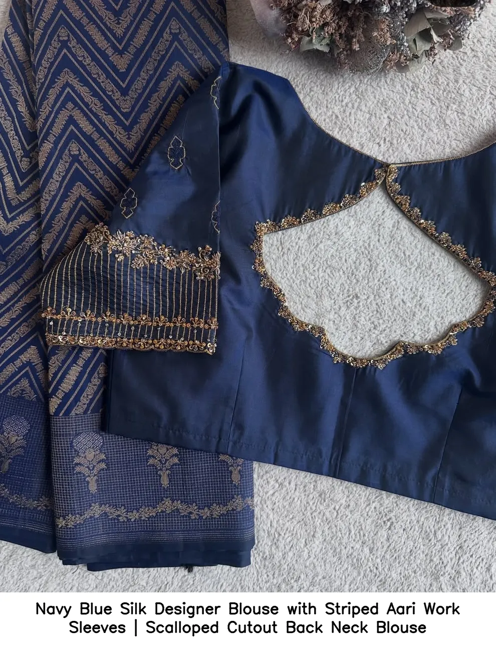 Navy Blue Silk Designer Blouse with Striped Aari Work Sleeves | Scalloped Cutout Back Neck Blouse