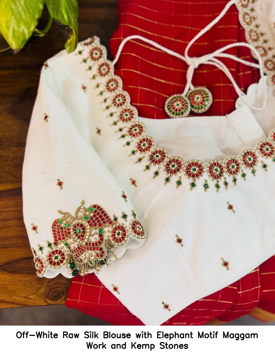 Off-White Raw Silk Blouse with Elephant Motif Maggam Work and Kemp Stones