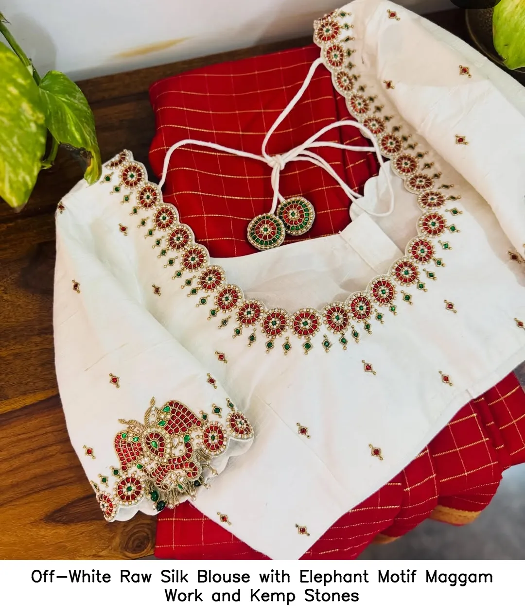 Off-White Raw Silk Blouse with Elephant Motif Maggam Work and Kemp Stones