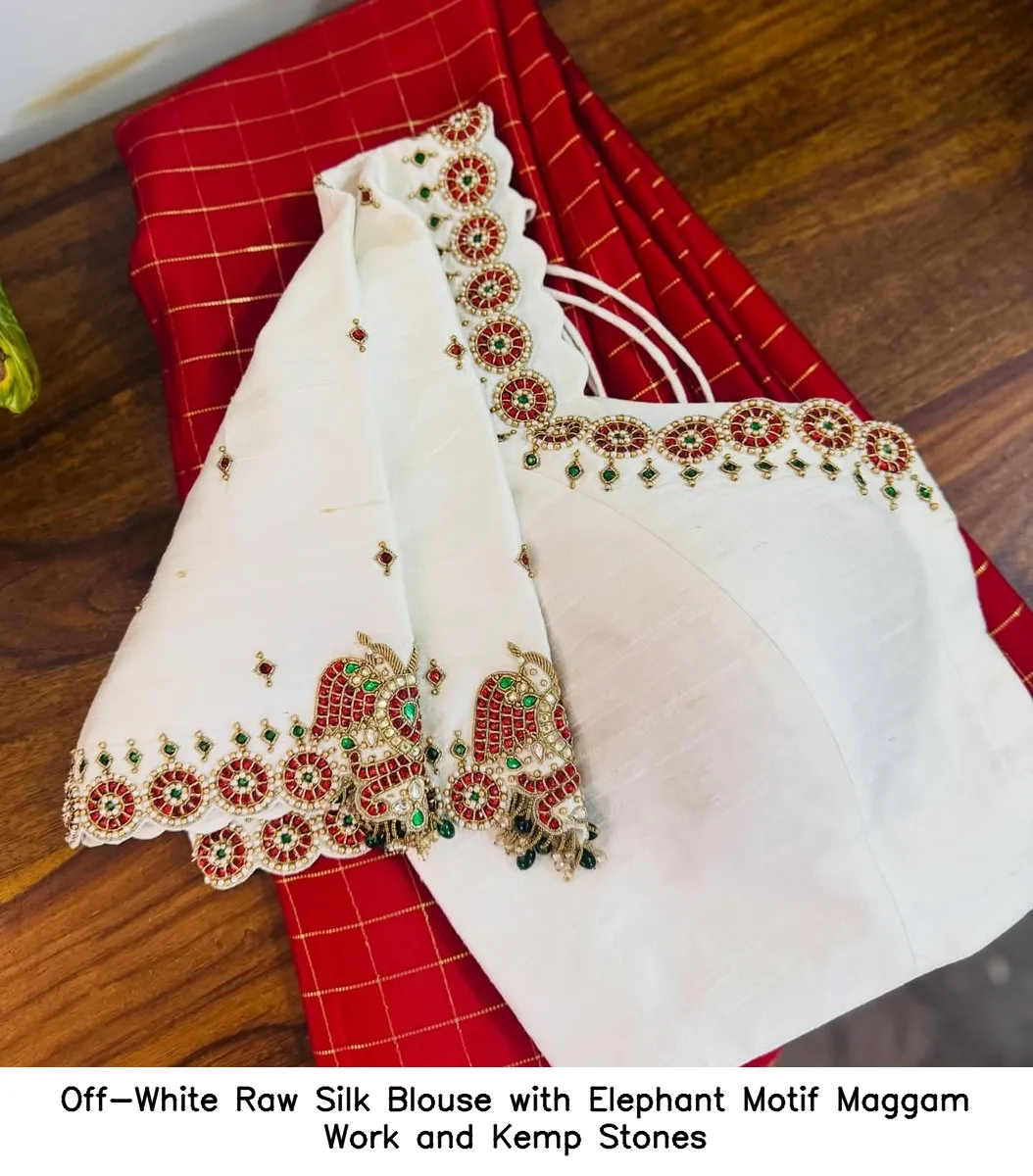 Off-White Raw Silk Blouse with Elephant Motif Maggam Work and Kemp Stones