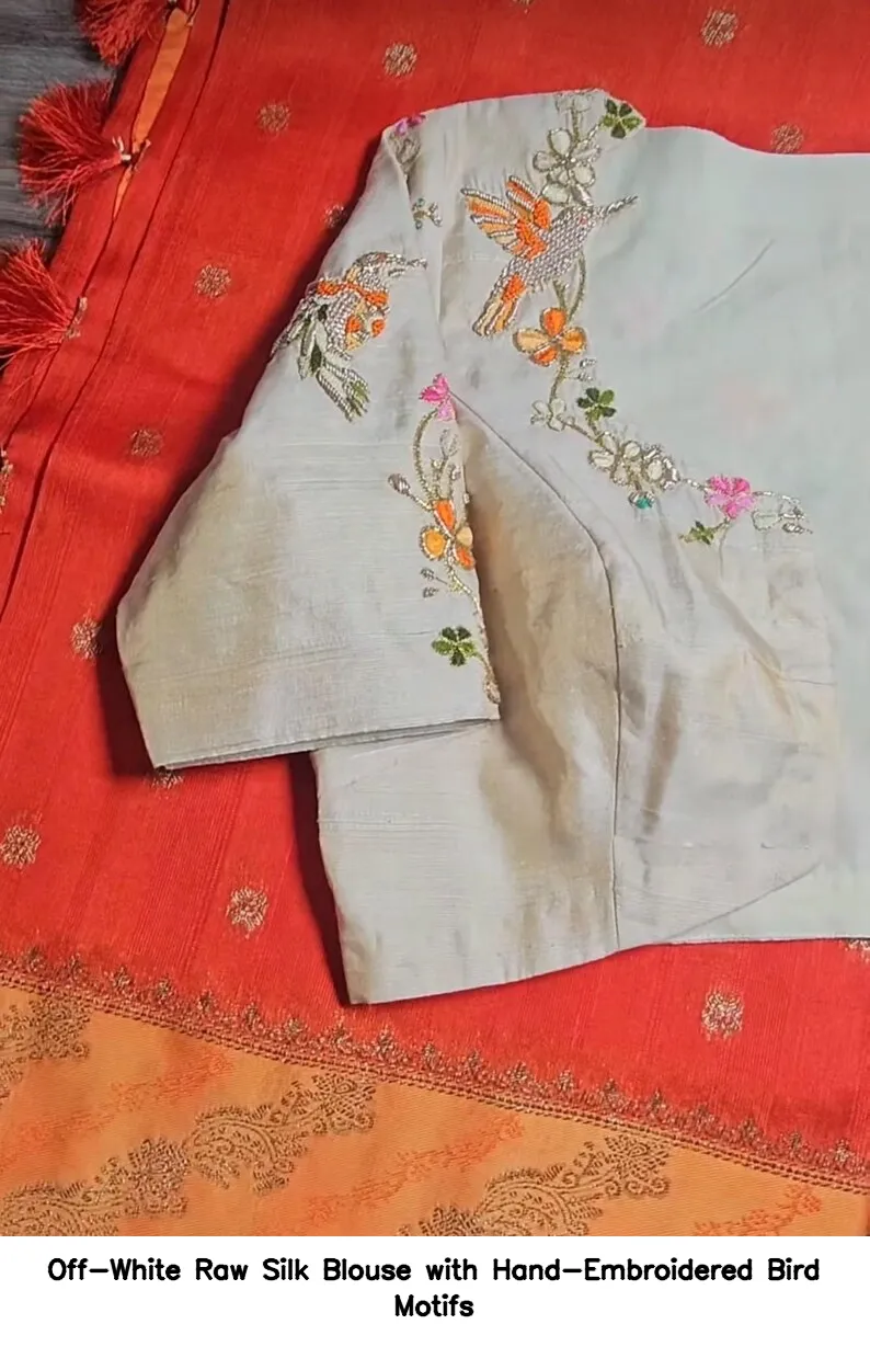 Off-White Raw Silk Blouse with Hand-Embroidered Bird Motifs