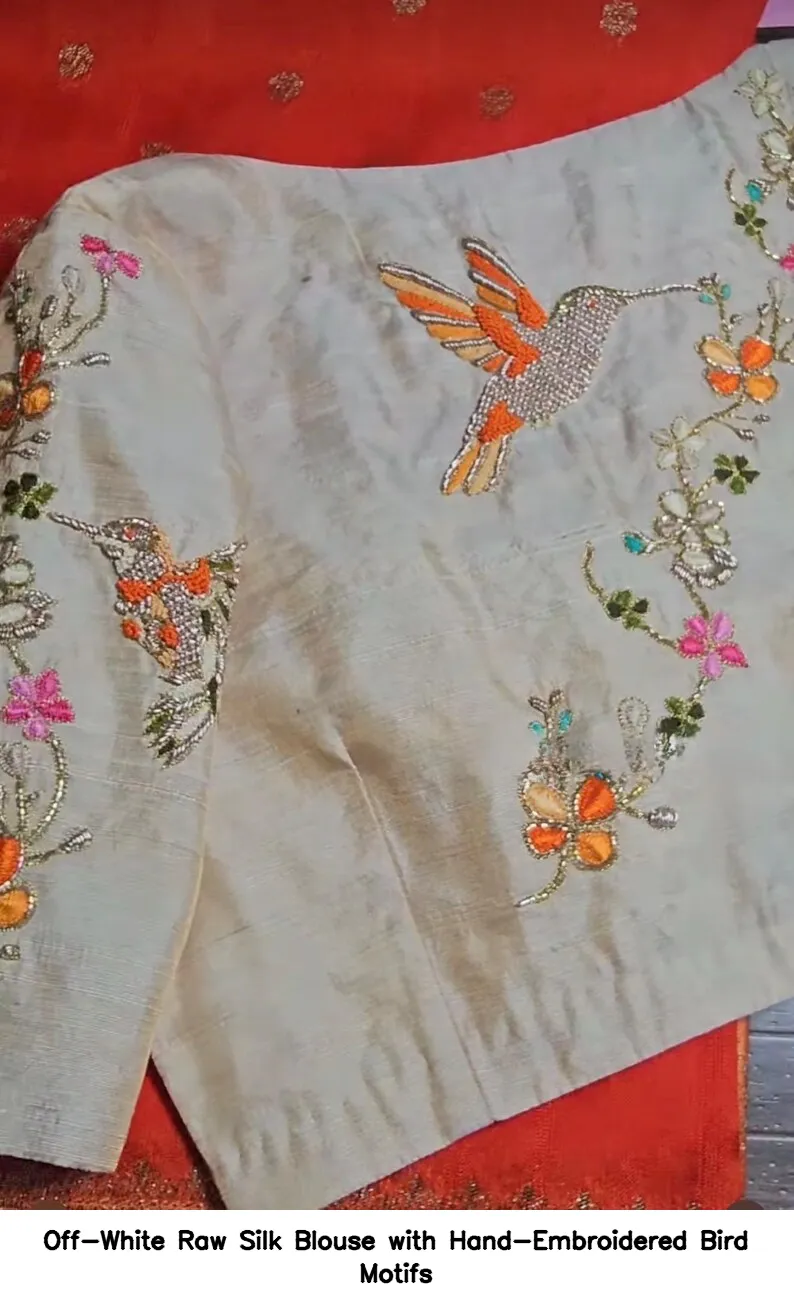 Off-White Raw Silk Blouse with Hand-Embroidered Bird Motifs