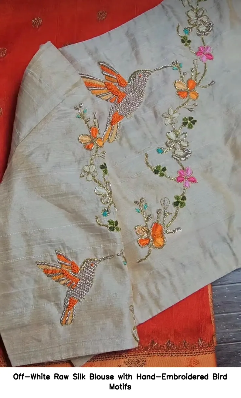 Off-White Raw Silk Blouse with Hand-Embroidered Bird Motifs
