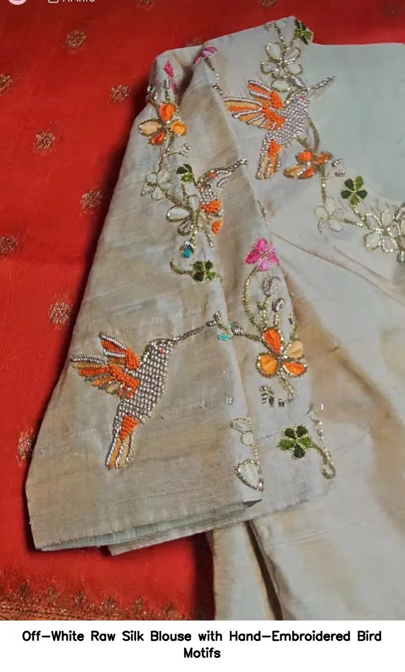 Off-White Raw Silk Blouse with Hand-Embroidered Bird Motifs