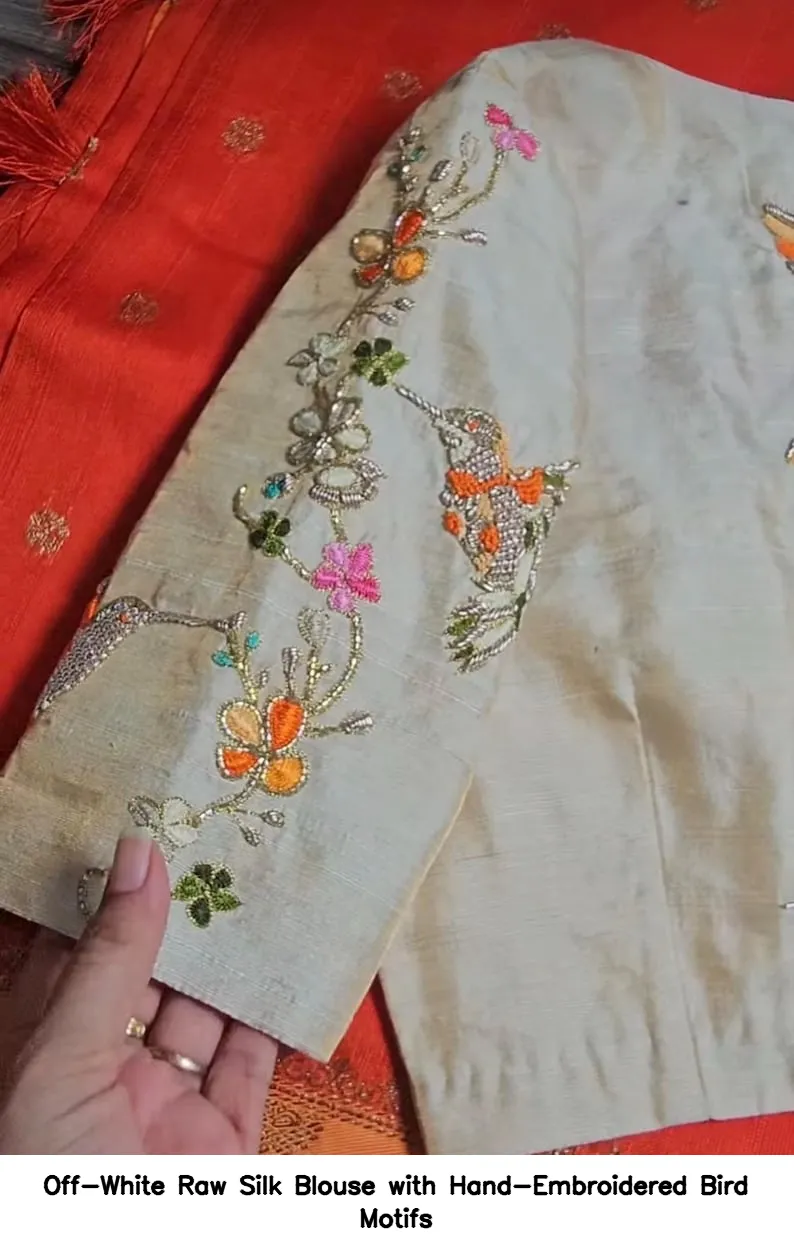 Off-White Raw Silk Blouse with Hand-Embroidered Bird Motifs