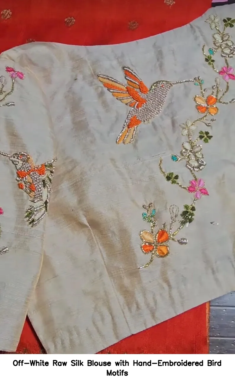 Off-White Raw Silk Blouse with Hand-Embroidered Bird Motifs