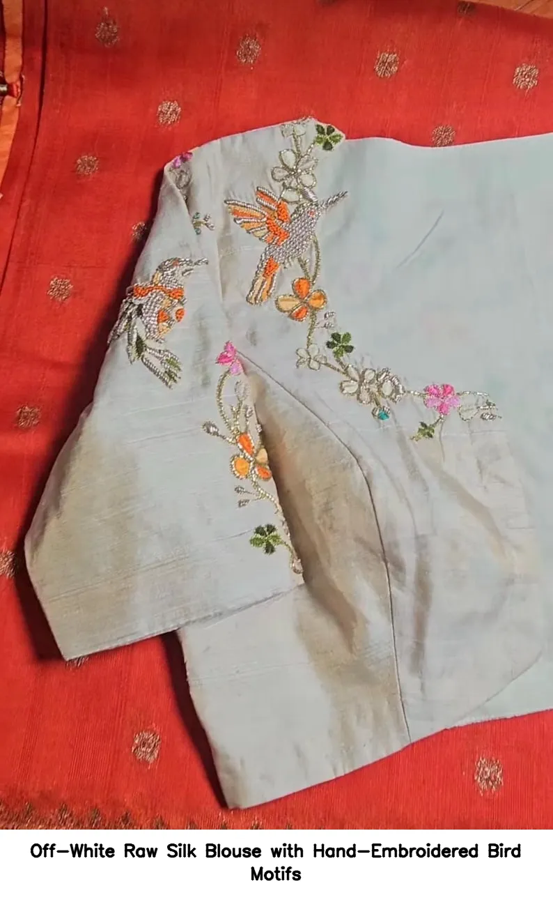 Off-White Raw Silk Blouse with Hand-Embroidered Bird Motifs