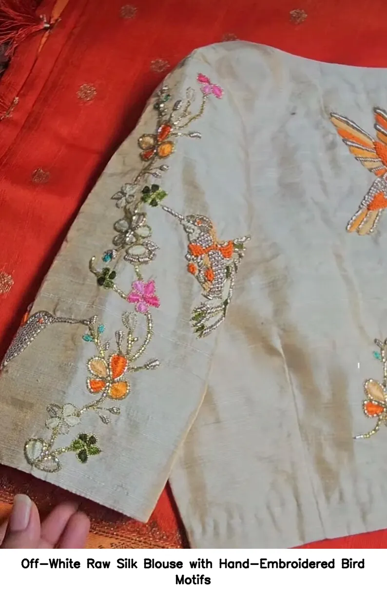 Off-White Raw Silk Blouse with Hand-Embroidered Bird Motifs