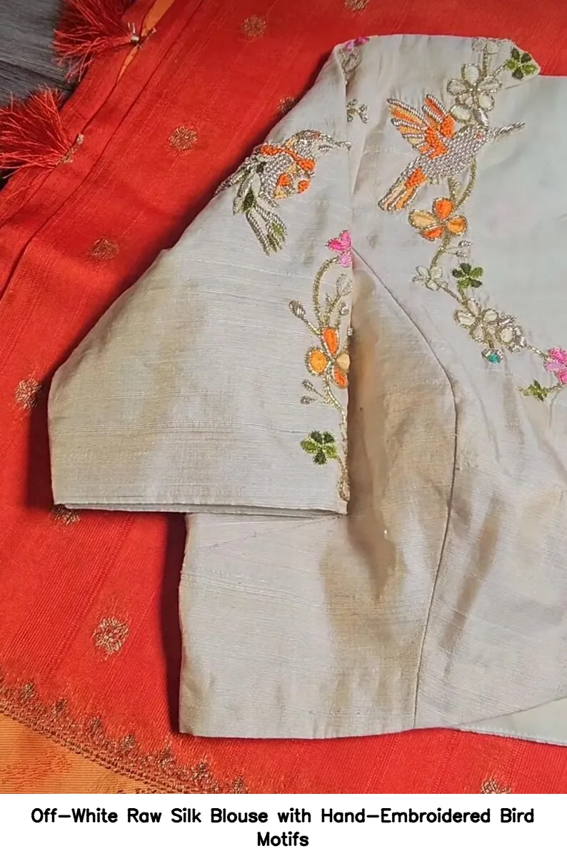 Off-White Raw Silk Blouse with Hand-Embroidered Bird Motifs