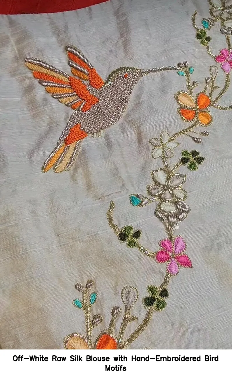 Off-White Raw Silk Blouse with Hand-Embroidered Bird Motifs