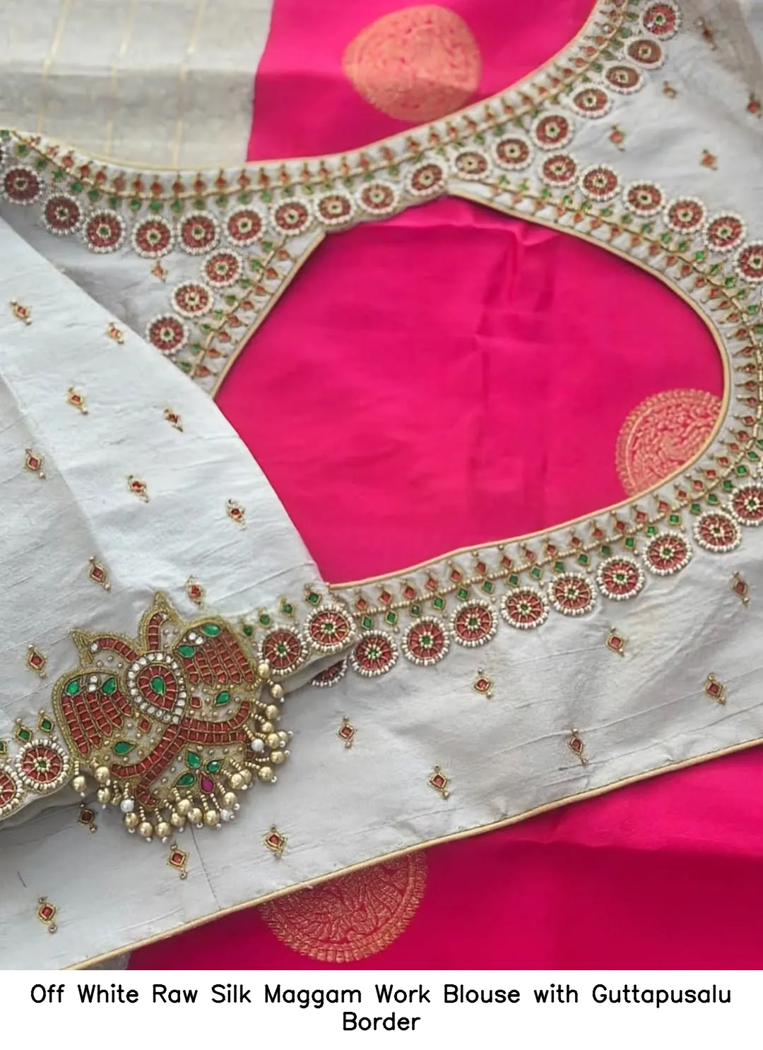 Off White Raw Silk Maggam Work Blouse with Guttapusalu Border