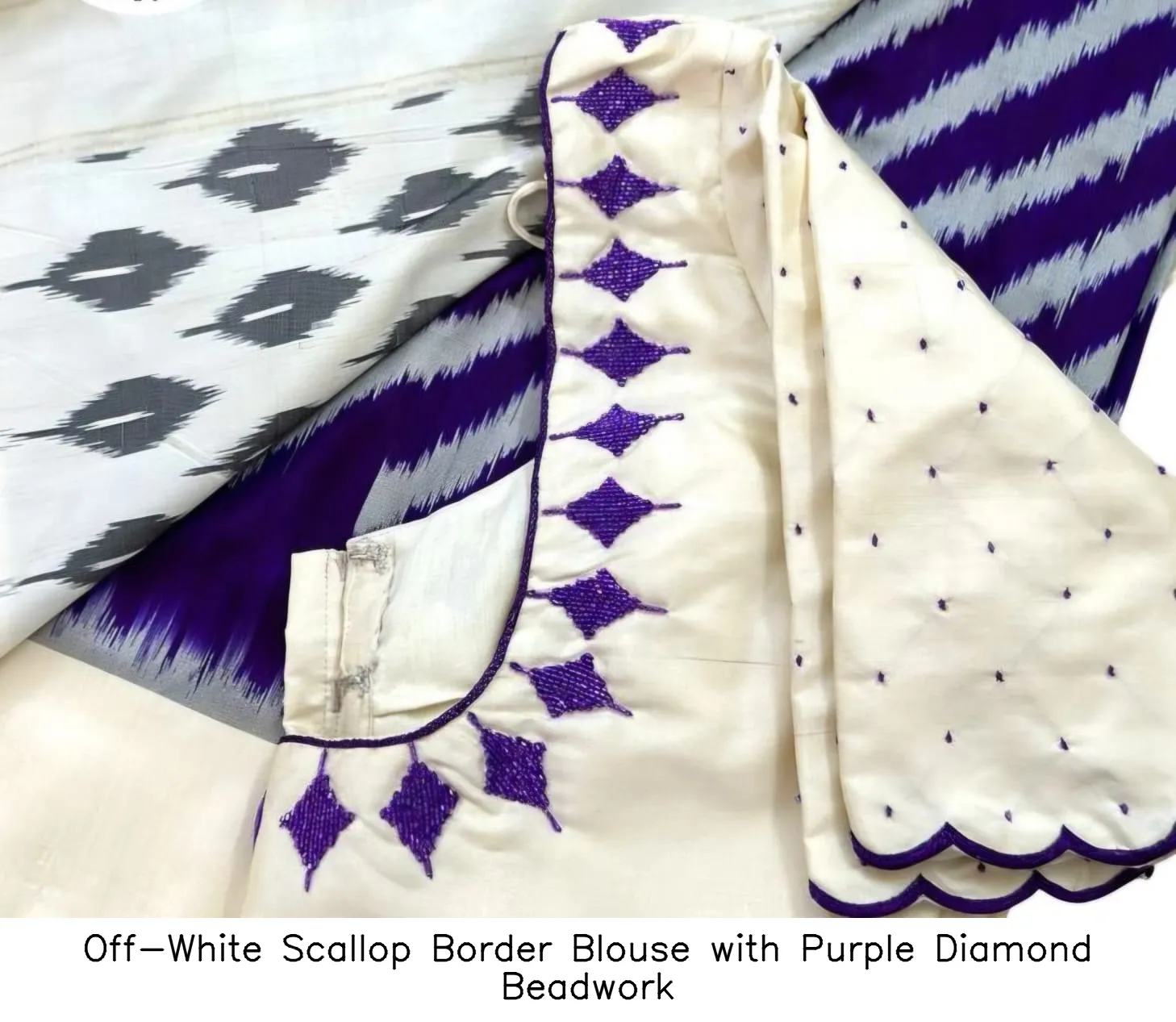 Off-White Scallop Border Blouse with Purple Diamond Beadwork