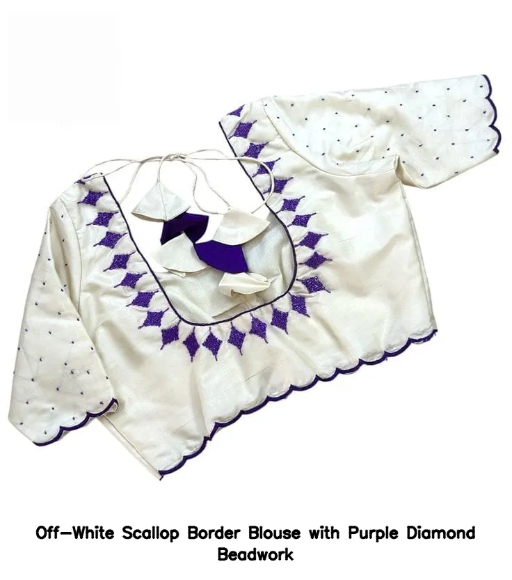 Off-White Scallop Border Blouse with Purple Diamond Beadwork