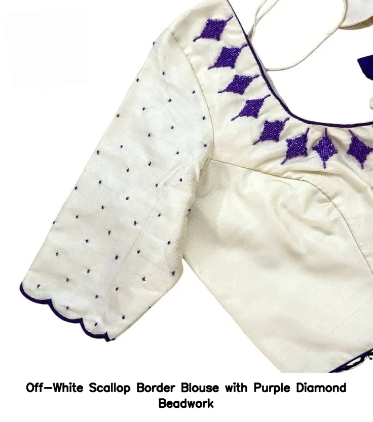 Off-White Scallop Border Blouse with Purple Diamond Beadwork