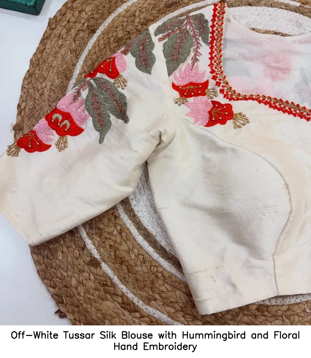 Off-White Tussar Silk Blouse with Hummingbird and Floral Hand Embroidery