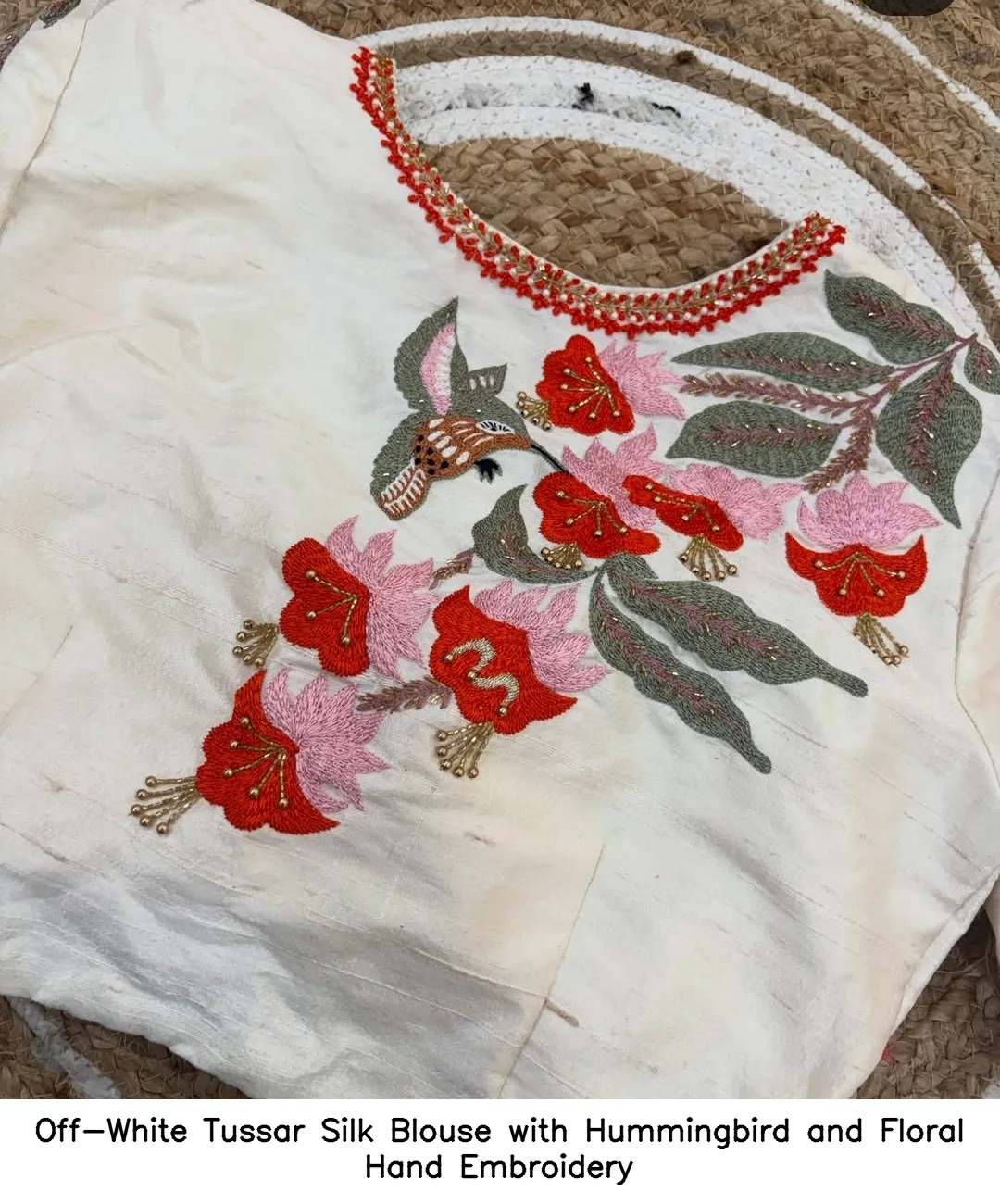 Off-White Tussar Silk Blouse with Hummingbird and Floral Hand Embroidery