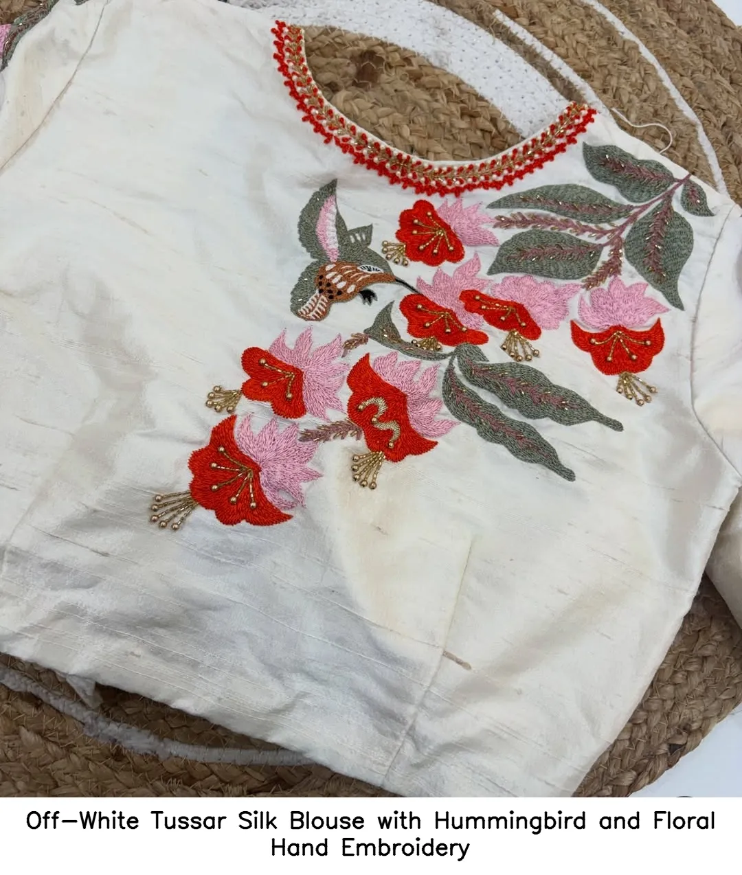 Off-White Tussar Silk Blouse with Hummingbird and Floral Hand Embroidery
